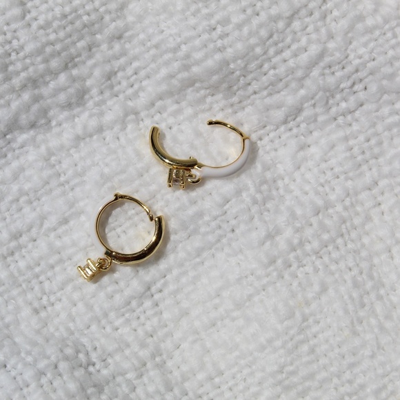 Sterling Silver White Enamel Hoop Earrings with Simulated Diamond - Picture 9 of 11